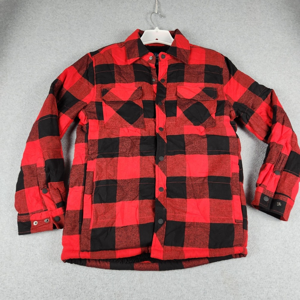 George Flannel Shirt Jacket Mens Small Red Black Plaid Sherpa Lined Snap Front